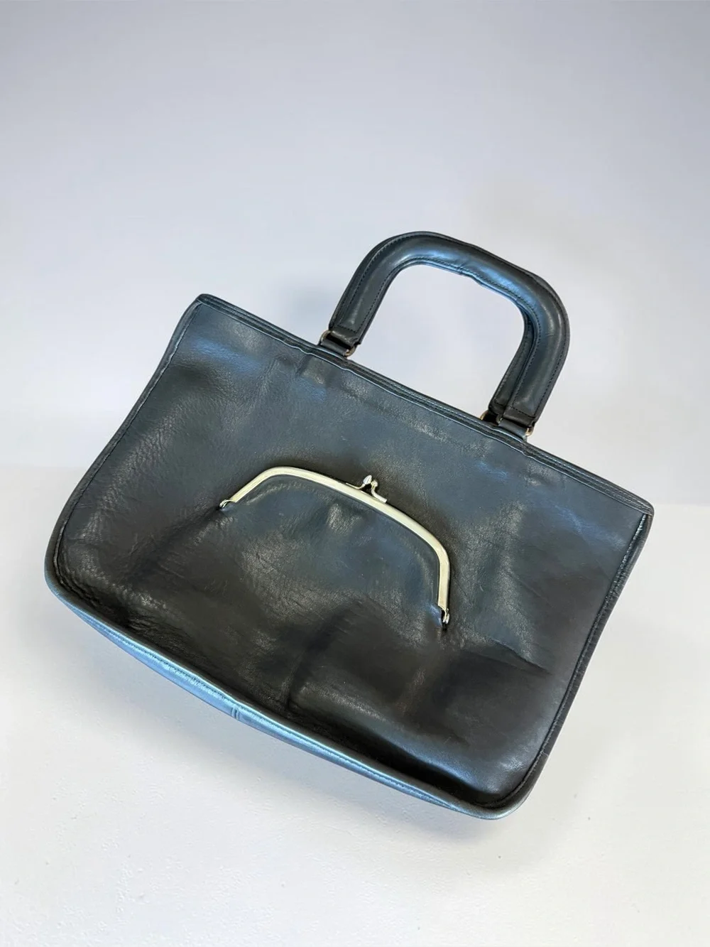Vintage Coach Watermelon Kisslock Bag Black Leather Pre-Creed 70s Bonnie Cashin